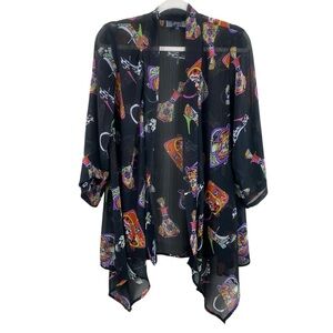Slinky Brand Women's Open Front Novelty Print‎ Black Sheer Kimono Sz M